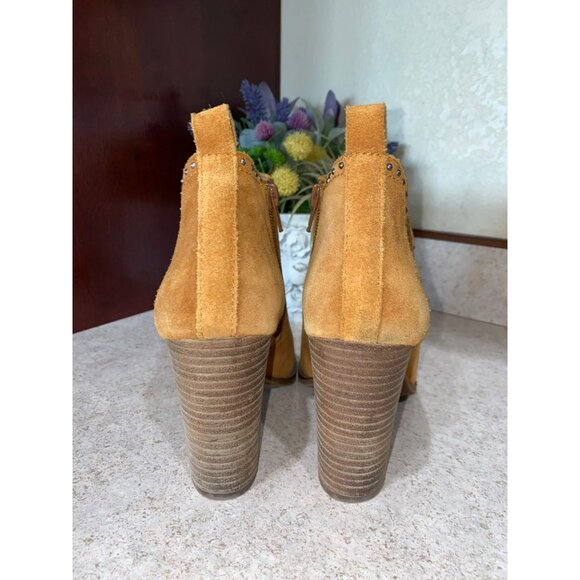 Lucky Brand Tan Suede Peep-Toe Booties W/Studded Trim & Side Zippers 8.5M - Picture 7 of 8